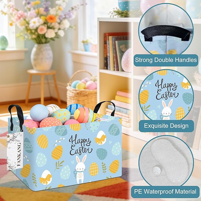 FANKANG Storage Bins,Nursery Hamper Canvas Laundry Basket Foldable with Waterproof PE Coating Storage Baskets for Boys and Girls, Office, Bedroom, Clothes,Toys(Rec-Easter eggs ）