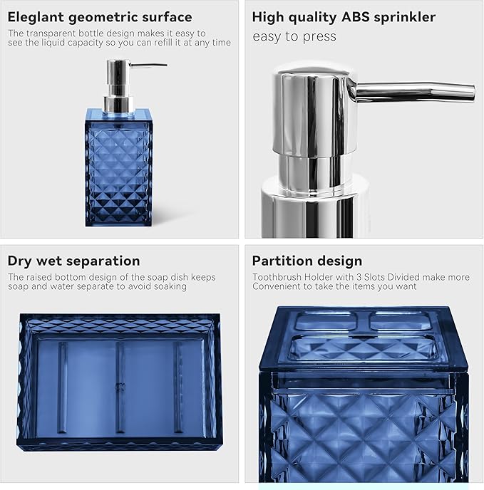 Bathroom Accessory Set, 5 PCS Blue Bathroom Accessories Sets Complete, Soap Dispenser, Toothbrush Holder, Soap Dish, Mouthwash Cup and Toilet Brush, Modern Bathroom Decor