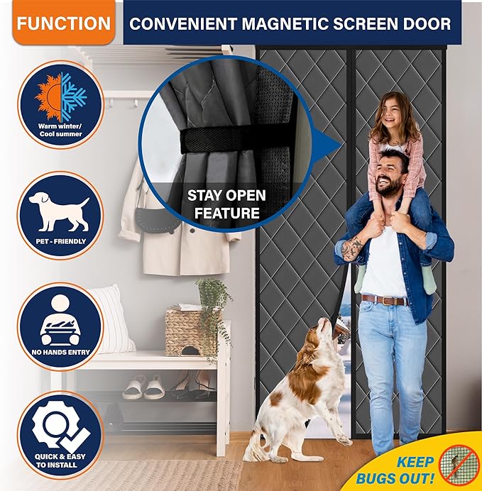 Magnetic Thermal Insulated Door Curtain, Fits Door Size 38" x 82",Durable Oxford Cloth&Thicken Polyester Fiber Fill, Efficient Temperature Control, Durable Construction, Soundproof and Windproof