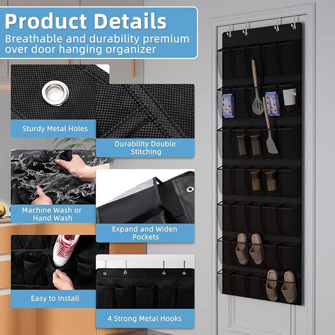 Aisoso Over the Door Shoe Organizer with 35 Large Breathable Mesh Pockets and 4 Metal Hooks Space Saving Hanging Storage Holder for Men's and Women's Shoes, Accessories, Black