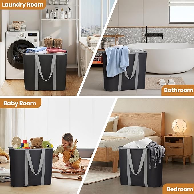 JOMOLA Collapsible Laundry Basket, Large Folding Clothes Hamper Bag, Fabric Laundry Tote Carry All Bin XL Pop Up Baskets with Handles, Waterproof Clothes Storage Basket for Bathroom, Family Black
