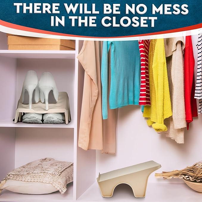 4 Pcs Stacking Shoe Organizer for Shelf 10 x 8.7 in – Double Layer Space Saving Shoe Dividers for Shelves – Footwear Riser for Heels Under 4.7", Sneakers & Flats Storage for Small Closets, Dorms, Apts