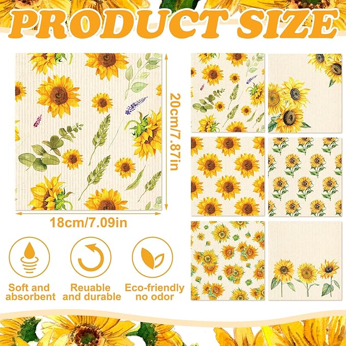 Sunnyray 12 Pcs Swedish Kitchen Dish Towels Dishcloth Reusable Sponge Cleaning Cloth Kitchen Towels Absorbent Washable Dish Cloth Drying Hand Towel(Yellow,Sunflower)