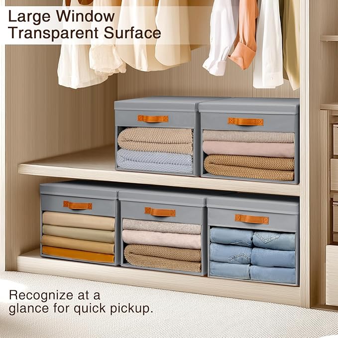 Large Storage Bins with Lids - 6 Pack Foldable Decorative Organizers with Clear Windows & Handles, Cube Storage Organizers for Clothes, Blankets, Sweaters, Sheets, Grey