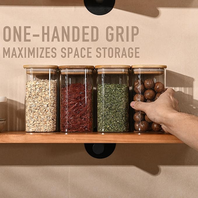 D2scrma 37oz Rectangle Airtight Glass Storage Containers with Bamboo Lids (Set of 6), Square Food Storage Jar, Pantry Organizers for Cereal, Nuts, Snacks and Coffee beans (‎with Black Lable)