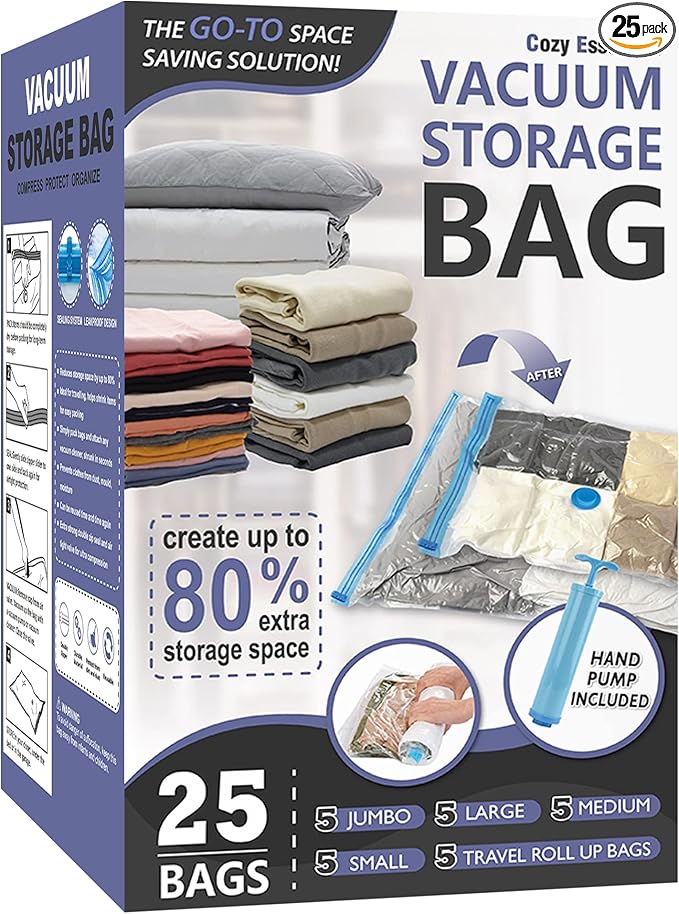 Cozy Essential 25 Pack Vacuum Storage Bags, Space Saver Bags (5 Jumbo/5 Large/5 Medium/5 Small/5 Roll) Compression for Comforters and Blankets, Pillow, Bedding, Sealer Clothes Storage,