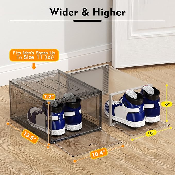 ARSTPEOE Upgrade Harder Solid Plastic Shoe Organizer with Magnetic Front Door, 12 Pack Shoe Boxes Clear Stackable, Sneaker Storage for Closet, Shoe Display Case, Black