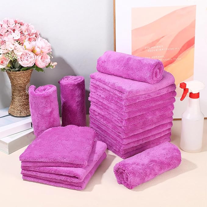 Shimeyao 30 Pcs 16 x 16 Inch Edgeless Microfiber Plush Towels for Cars Detailing Drying Wash Polishing Absorbent Cleaning Cloths, 500 GSM (Purple)