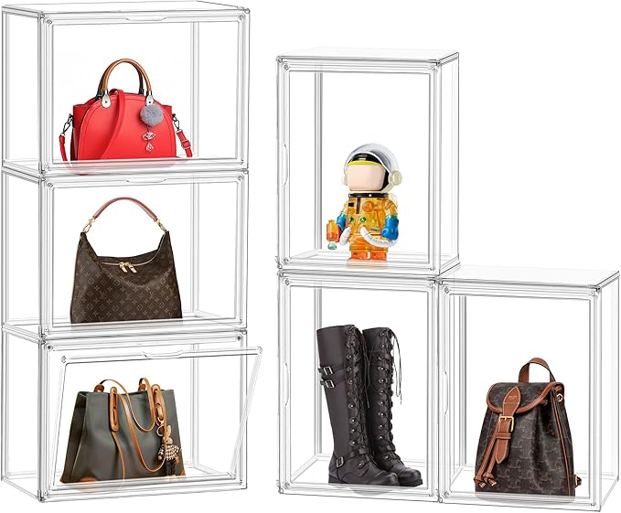 EDS FAM 6 Pack X-Large Acrylic Display Case, Size 14 Clear Shoe Box Stackable Sneaker Display Case with Magnetic Lid Multipurpose Storage Bin for Closet for Purses, Handbags, Cosmetics, Collectibles