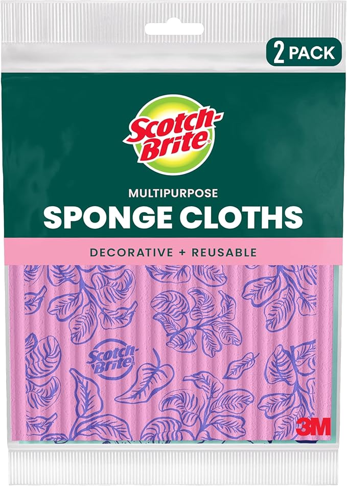 Scotch-Brite Sponge Cloths, Reusable, Absorbent, and Decorative Cleaning Towel, Dishwasher-Safe Wipes Ideal for Nonstick Cookware, Tile, Countertops, Mirrors, and Faucets, 2 Dish Towels