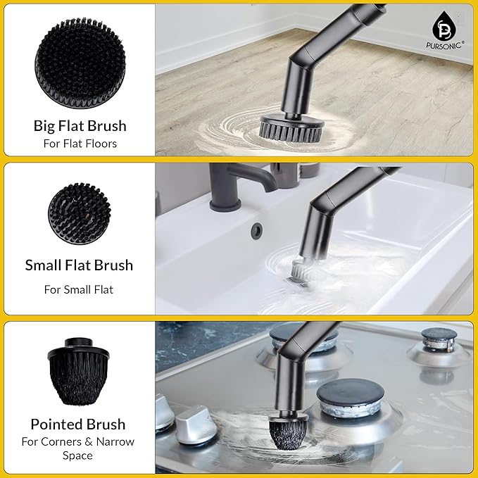 Pursonic Electric Spin Scrubber – Cordless Cleaning Tool with 8 Brush Heads, Heavy Duty Bathroom Tile Cleaner & Floor Scrubber for Tub, Sink, Wall, Kitchen, Car & Household Cleaning