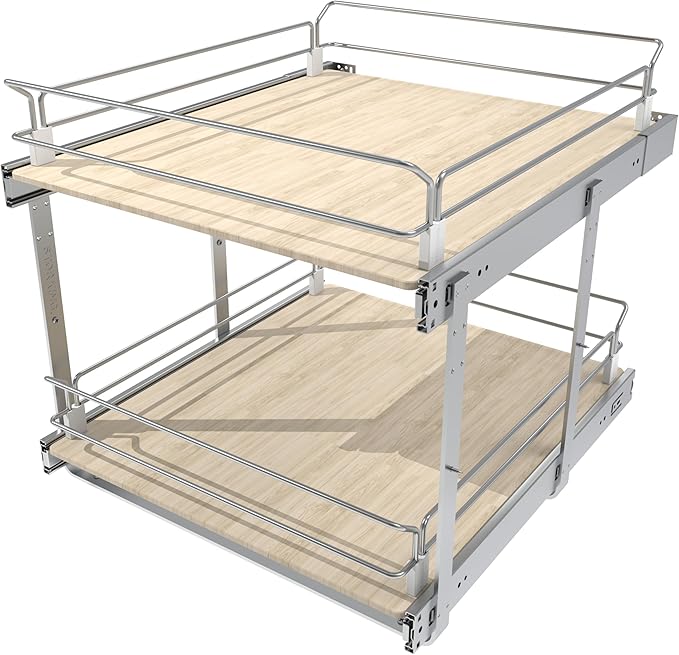 2 Tier Pull Out Cabinet Organizer 20" W X 22" D, Slide Out Drawers For Kitchen Cabinets, Pull Out Drawers For Cabinets Capacity Heavy Duty Caddy, Cabinet Pullout Shelves Wood Chrome, Pantry Storage