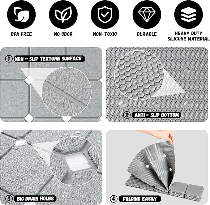 Kinbear Bath Mat for Textured Tub: Silicone Bathtub Mat Foldable Shower Mat Non Slip Tub Mat No Suction Cups 28 X 17.7Inch - Grey