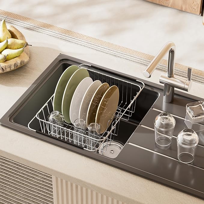 JAQ Dish Drying Rack in-Sink, 304 Stainless Steel Dish Drainer with Stainless Steel Silverware Holder Over Inside Sink-Adjustable 15.08" to 22.4" Maximium 13 Upright Dishes
