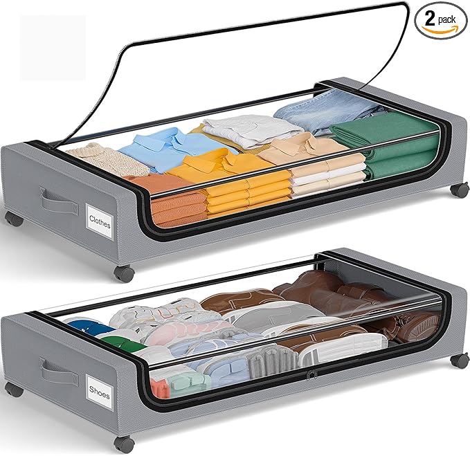 GoMaihe Under Bed Storage with Wheels: 70L Underbed Storage Containers with Lids - Rolling Bins for Shoes Clothes in Dorm Bedroom - Metal Drawers Easy Pull-out Grey 2-Pack