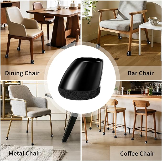 Ezprotekt 16 Pcs Chair Leg Floor Protectors, Silicone Covers Felt Furniture Pads for Hardwood Floors, Chair Leg Caps for Tilted Legs(15°-25°), Anti-Scratch and Reduce Noise Round L Black Fit (1"-1.3")