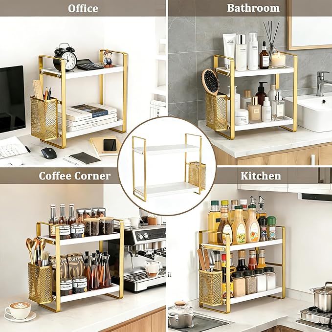 2-Tier Kitchen Storage and Organisation Rack with Side Baskets, Multifunctional Spice Rack Coffee Station Organizer for Kitchen, Coffee Bar, Bathroom, Office