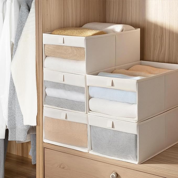 STORAGE MANIAC 6 Pack Storage Bins with Clear Window, Storage Boxes for Shelves, Sturdy Foldable Closet Organization Fabric Shelf Basket for Toy, Towel, Book, Jeans, Offices, Dorm, Wardrobe, Beige