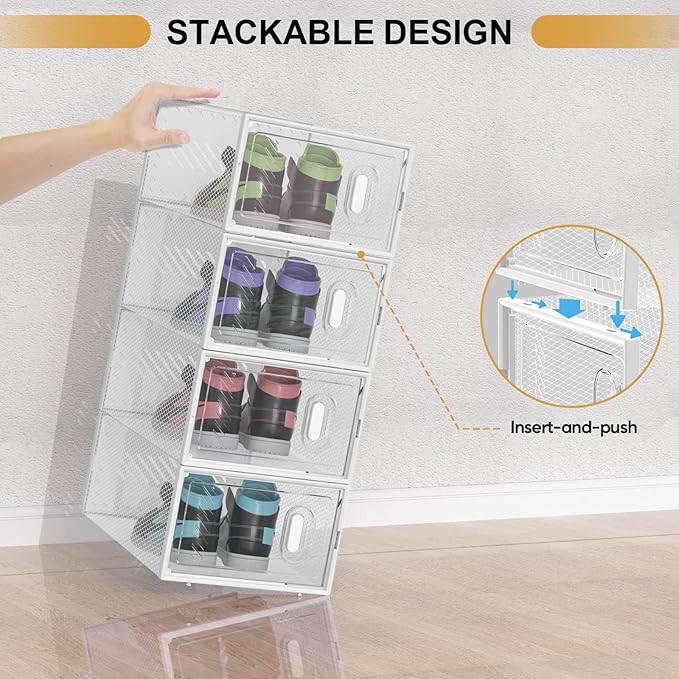 BALEINE 6 Pack Stackable Shoe Storage Boxes Fit Size 9, Thickened Clear Shoe Box Bins with Lids, Plastic Foldable Shoe Rack Organizer Sneaker Storage Containers (Large, White)
