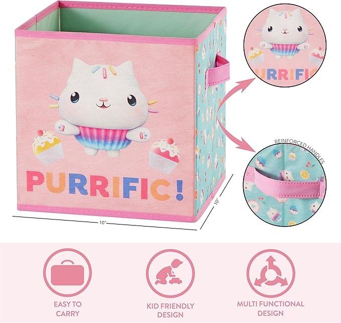 Gabby’s Dollhouse Set of 2 Collapsible Storage Cubes with Carry Handles, Kids Room & Playroom Organizer Bins, 10” x 10”