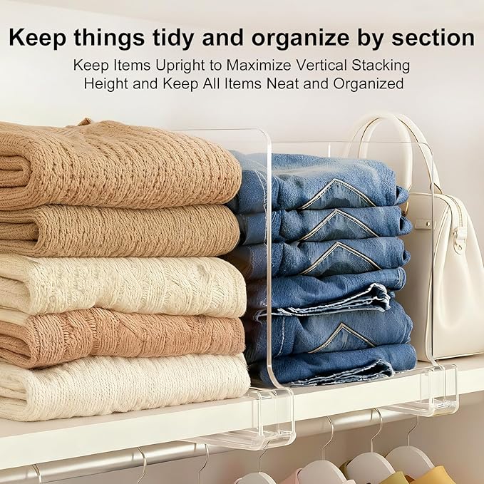 Purse Organizer for Closet Shelf Dividers: 12-Pack Adjustable Clear Acrylic Bag Storage Organizer for Handbags, Sweaters, Towels, Jeans and Shoes on Wood Shelves