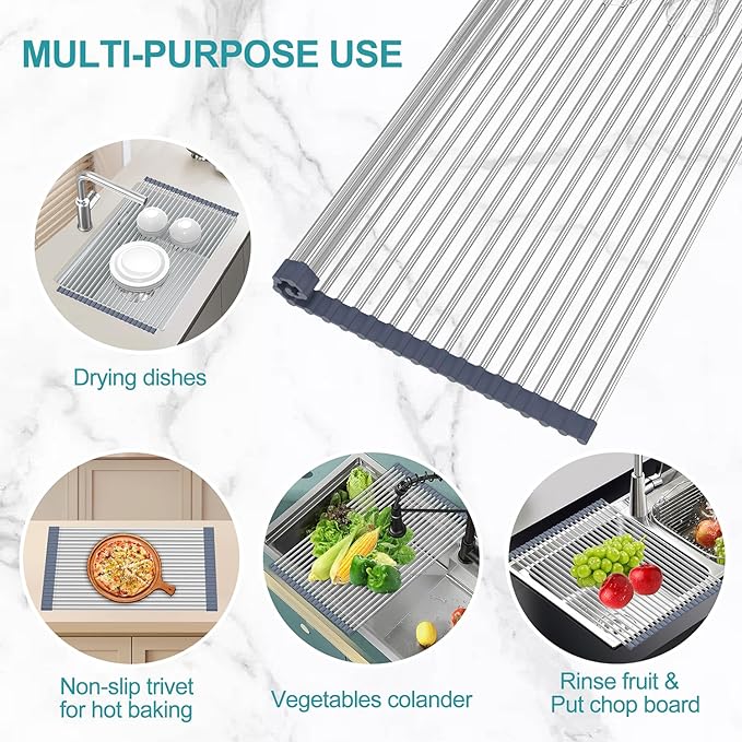 BBXTYLY Extra Large Expandable Roll Up Dish Drying Rack,Over The Sink Drying Rack Sink Cover Kitchen Sink Accessories Kitchen Rolling up Stainless Steel Drainer, Foldable,Rollable（Grey，25.1''-17.3''）