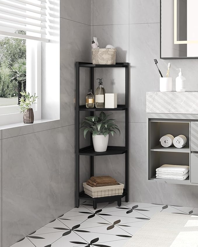 Corner Shelf Stand, Corner Bookshelf, Storage Standing Shelf Unit with Metal Frame, Plant Stand, Bookcase for Living Room, Home Office, Bedroom, 4-Tier Black CS05806B