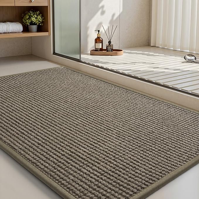 MontVoo Bath Mat Rug-Chenille Absorbent Bathroom Mat Quick Dry-Rubber Backed Bathroom Rugs Non Slip Washable Bath Mats,Ultra Thin Bathroom Rugs Fit Under Door,20"x32",Brown