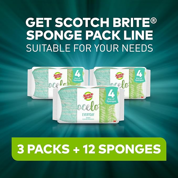 Scotch-Brite ocelo Non-Scratch Scrub Sponges, Assorted Designs, Scratch-Free for Nonstick Cookware & Dishes, Kitchen & Bathroom Use, Reusable Multi-Surface Cleaning Sponges (12 Count (Pack of 3))