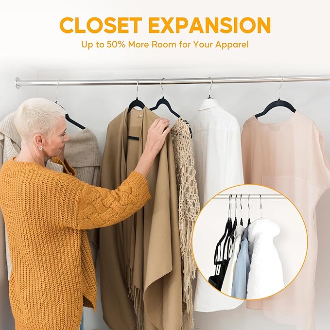 HealSmart Velvet Hangers 70 Pack, Space Saving Clothes Hangers for Closet, Non-Slip Heavy Duty Coat Hangers for Pants, Shirt, Sweater, Suit & Dress Clothing with 360° Swivel Hook, Black