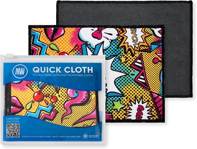 Quick Cloth Microfiber Glasses Cleaning Cloths – 5x7, Popart, 2 Pack with Case | Double-Sided Lens Cleaner for Eyeglasses, Camera, Screens & Glass | Reusable Microfiber Glass Polishing Cloths