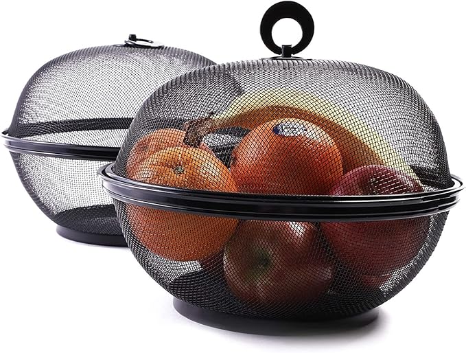 Juvale Mesh Fruit Basket with Lid - Bug Proof Fruit Storage - Stylish Black Wire Basket with Lid - Versatile Produce Storage - 10", Pack of 2, Black