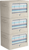 FHSQX 3 Pack Clothes Storage Bins Foldable Metal Frame Storage Box Stackable Linen Fabric Organizer Set with Carrying Handles and Clear Window (Beige, 15.7x11.8x7.8inch(22L))