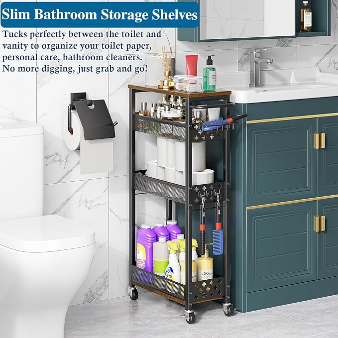 Rolling Slim Storage Cart, 4-Tier Narrow Bathroom Organizers and Storage Cart, Metal Narrow Kitchen Laundry Room Organization Shelf with Wood Top, Slim Utility Cart with Wheels for Small Space