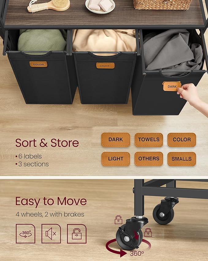 VASAGLE Laundry Hamper, Laundry Sorter Rolling Cart with Shelves, Small Side Pockets, 6 Labels, 3 Compartments, 39.6 Gal. (150 L), Ink Black and Ash Brown UBLH223BH01