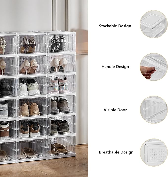 Upgrade Clear Foldable Shoe Storage Organizer, No Assembly 6 Tiers Shoe Box with Fully Clear Door, Plastic Stackable Shoe Rack for Sneakers, Sturdy Shoe Storage Containers Bins