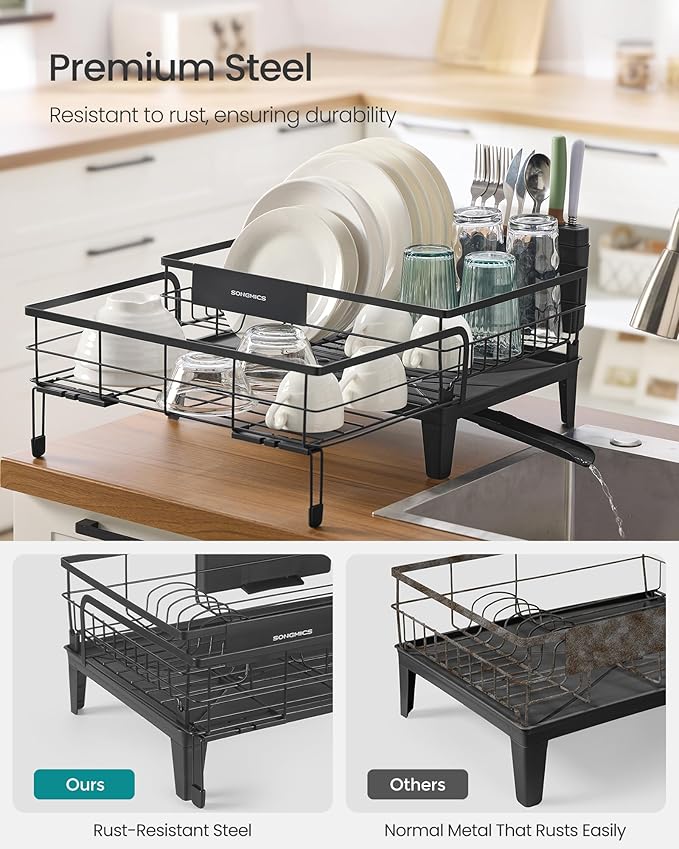 SONGMICS Dish Drying Rack, Kitchen Dish Rack with Drainboard, 360° Rotatable and Extendable Spout, with Cutlery Holder, (12.2-22) x 16.5 x 7.9 Inches, Ink Black UKCS552B01