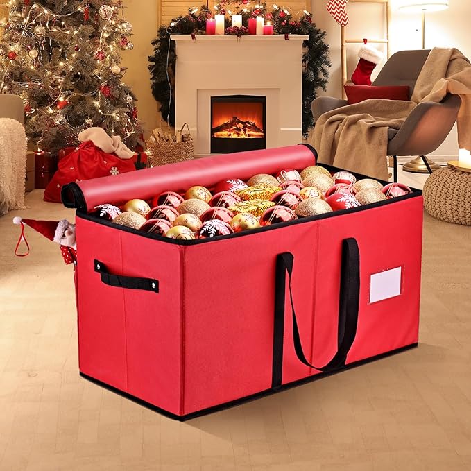 Mrrihand Christmas Ornament Storage Box, Ornament Storage Container with 8 Trays-Xmas Decoration Organizer Keeps 128 Holiday Ornaments 3-Inch, Dual Zipper Closure, 600D Tear-Proof（Red）