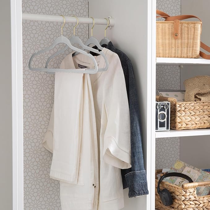 Simplify Slim Velvet Gold Hook Clothes Hangers 100 Pack | Non-Slip | Shirts | Suit | Pants | Dresses | Garments | Closet Storage & Organization | Durable | White