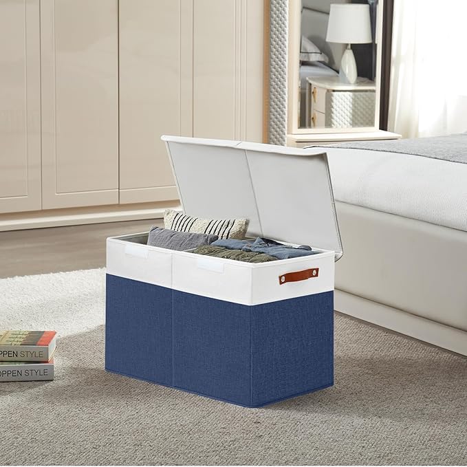 Large Toy Storage Box with Lids, Collapsible Sturdy Baby Storage Organizer Chest Bin Basket for Kids, Boys, Girls, Playroom, Nursery, Bedroom, Closet 25"x13"x16" (Navy Blue and White)