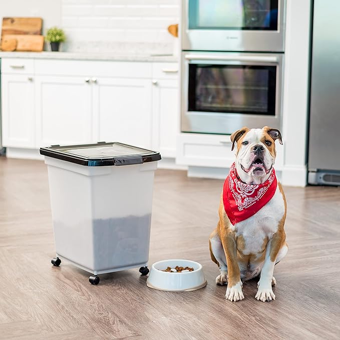 IRIS USA 50 Lbs / 65 Qt WeatherPro Airtight Pet Food Storage Container with Removable Casters, for Dog Cat Bird and other Pet Food Storage Bin, Keep Fresh, Translucent Body, Easy Mobility, Pearl/Black