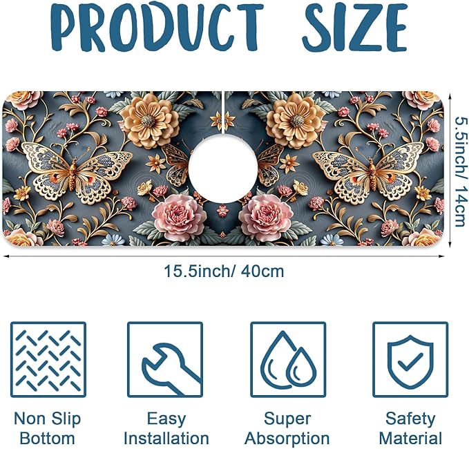 Gold Butterfly Sink Splash Guard Faucet Mat Pink Floral Super Absorbent Fast Drying Mat Sink Gadgets-Splash Guard Behind Faucet Drip Catcher for Kitchen Bathroom, 15.5"x5.5"