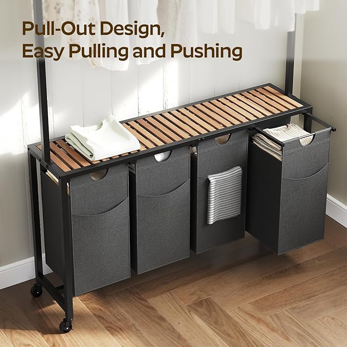 Laundry Sorter 4 Section, Rolling Laundry Hamper with Hanging Rack, Laundry Sorter with Wheels, Hampers for Laundry, Laundry Basket Organizer for Laundry Room, Rustic Brown LS47BR