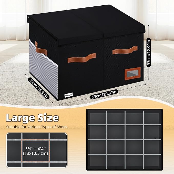 Shoe Organizer for Closet, Foldable Shoe Storage Bins with Lid & Adjustable Dividers, Fabric Shoe Box Storage Containers with Four Reinforced Handles, Fits 16 Pairs, 1 Pack, Black