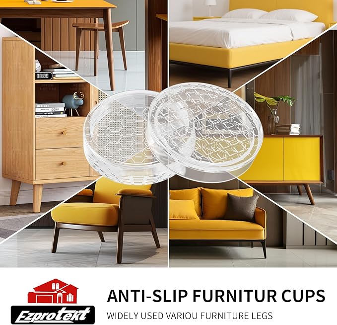 Ezprotekt Non Slip Furniture Pads, 16 Pcs 1.6" Anti Skid Rubber Caster Cups, Round Furniture Coasters for Hardwoods Floors, Anti-Slip Furniture Grippers, Furniture Stoppers to Prevent Sliding (Clear)