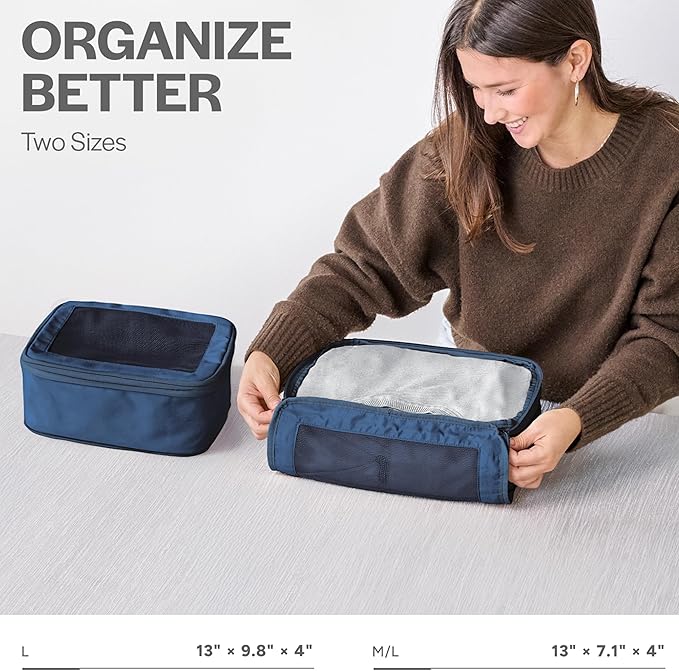 Aerotrunk Compression Packing Cubes for Travel - Luggage Organizer Bags - Double Zipper Packing Cubes for Suitcases (2-Pack, Dark Blue)