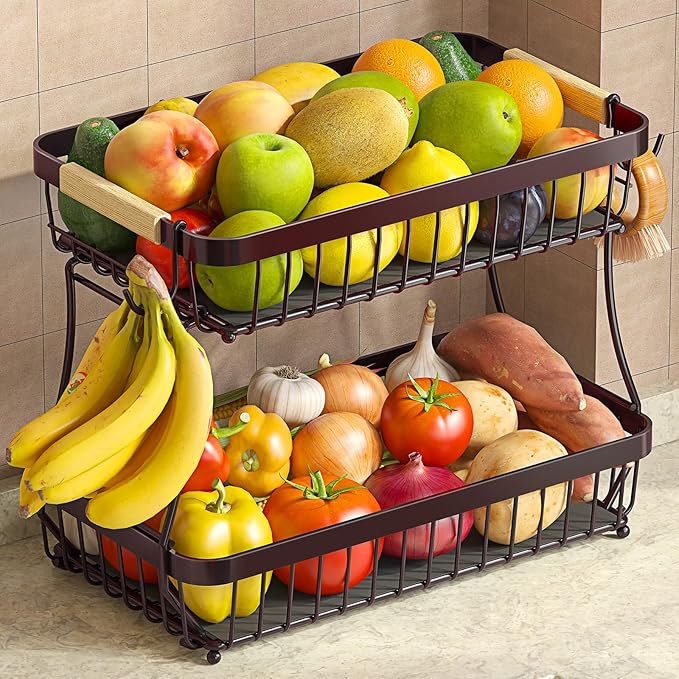 2 Tier Large Fruit Basket for Kitchen Counter with 2 Mobile Banana Hangers, 2026 Pro Detachable Metal Fruit Bowl with Wooden Handle (Brown, 2 Tier Extra Large)