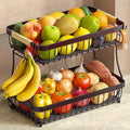 2 Tier Large Fruit Basket for Kitchen Counter with 2 Mobile Banana Hangers, 2026 Pro Detachable Metal Fruit Bowl with Wooden Handle (Brown, 2 Tier Extra Large)