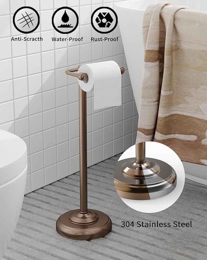 WZKALY Toilet Paper Holder Stand, Bronze Toilet Paper Holder Free Standing, Post Pivoting Design & Stable Weighted Base SUS304 Stainless Steel for Bathroom (Mega Roll)