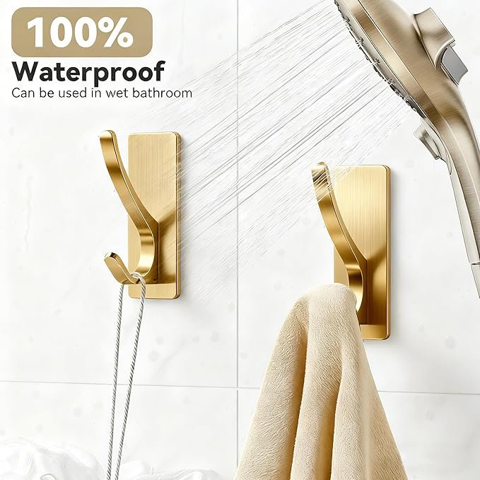 pickpiff Self Adhesive Coat Hooks for Hanging: Heavy Duty Stainless Wall Hook for Towel, Utensil, Backpack, Hat, Sturdy Metal Hanger for Bathroom, Kitchen, Door, 6-Pack, Brushed Gold